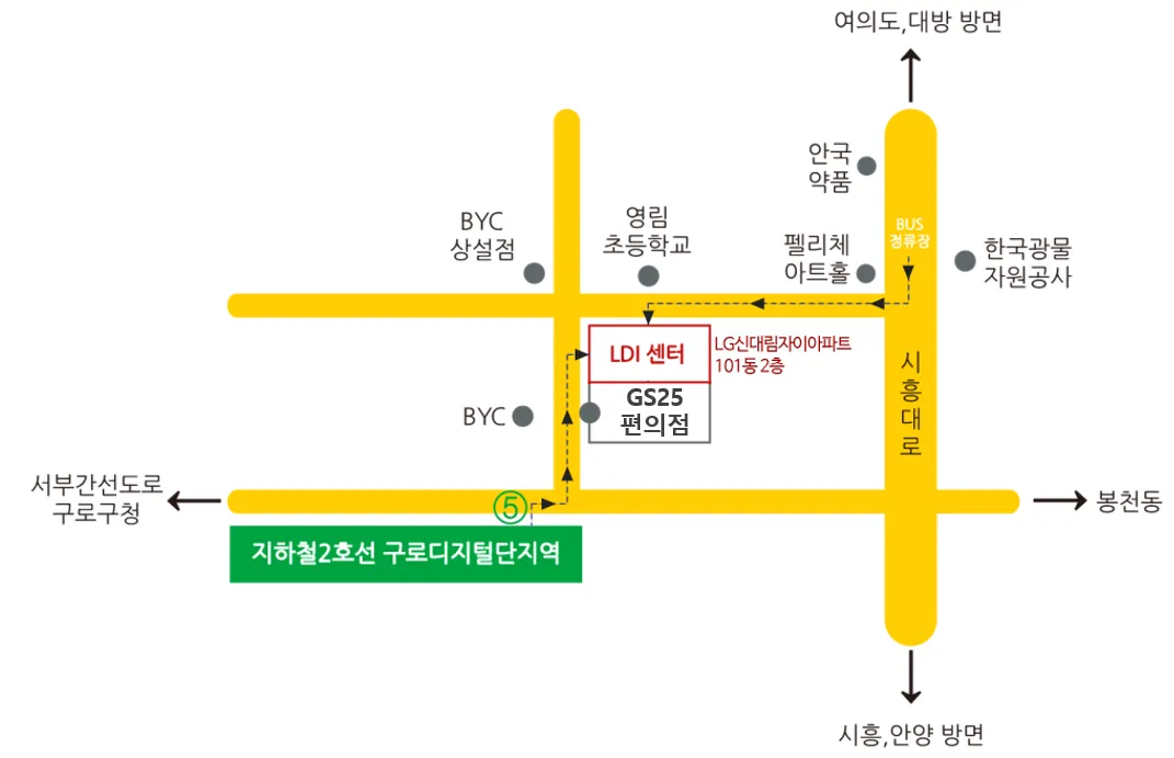 LDI 센터 약도 — 구로디지털단지역 5번 출구에서 LDI 센터까지의 도보 경로